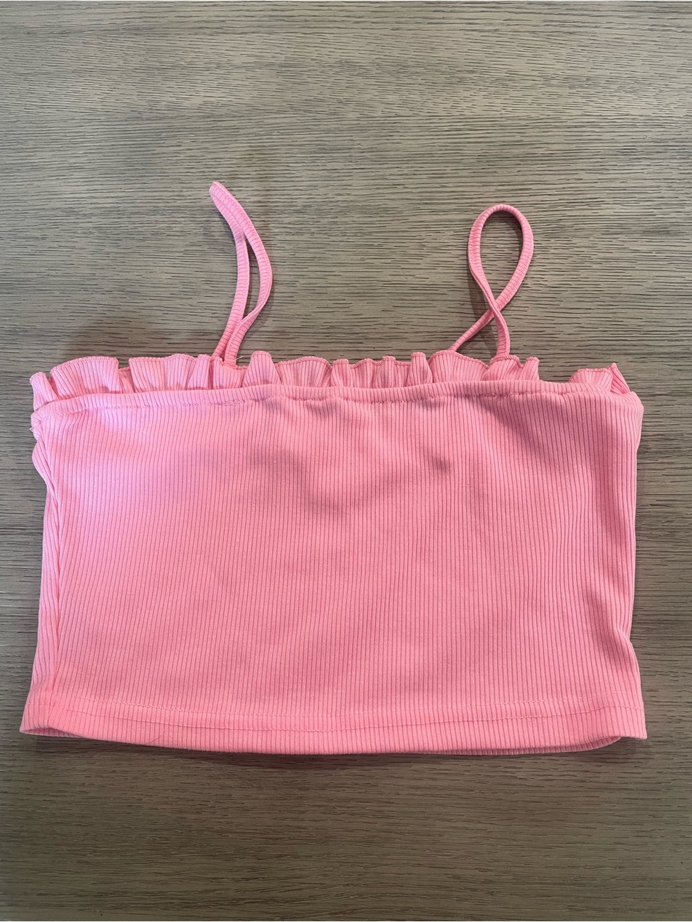 SHEIN Pink Ribbed Ruffle-Trim Crop Cami